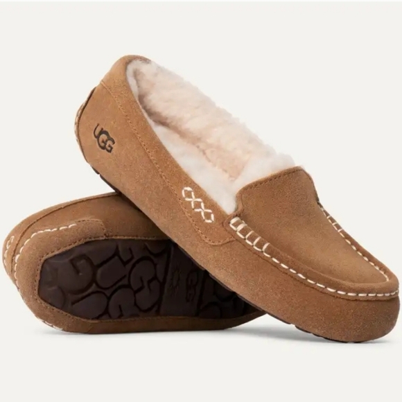 UGG 'ANSLEY' SHEARLING WOOL MOCCOSIAN SLIPPERS 'RICH CHESNUT' SUEDE - Picture 1 of 16